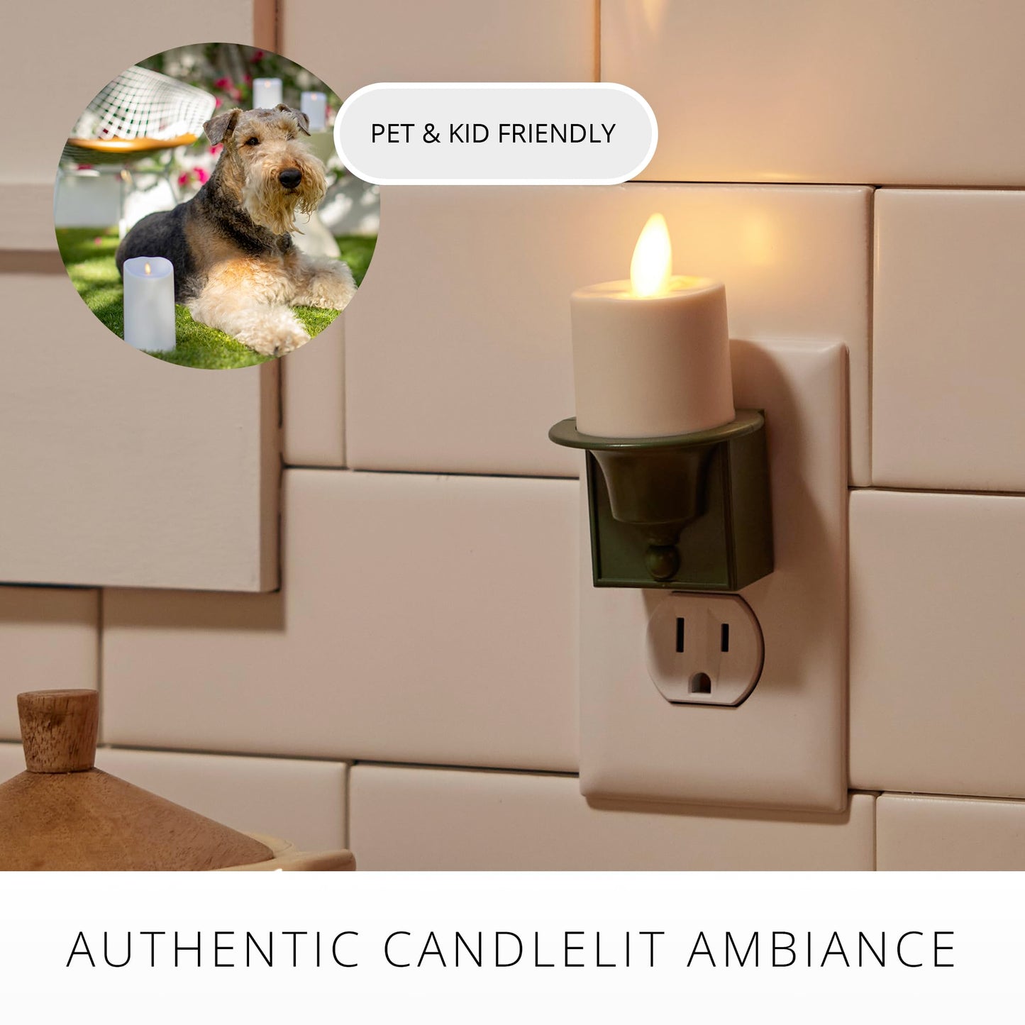 Luminara Flameless Candle Nightlight w/Dusk to Dawn Light Dark Auto Sensor, Loden Green Wall Plug Indoor Night LED Light w/Real-Flame Effect Technology, Bathroom Bedroom Hallway, No Remote Needed