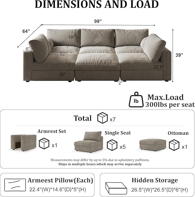 Cloud Modular Sectional Sleeper Sofa with Storage Ottoman, 99" Oversized Sectional Couches for Living Room, Cloud Modular Sleeper Sofa with Chaise, 6 Seater, Chenille, Light Gray