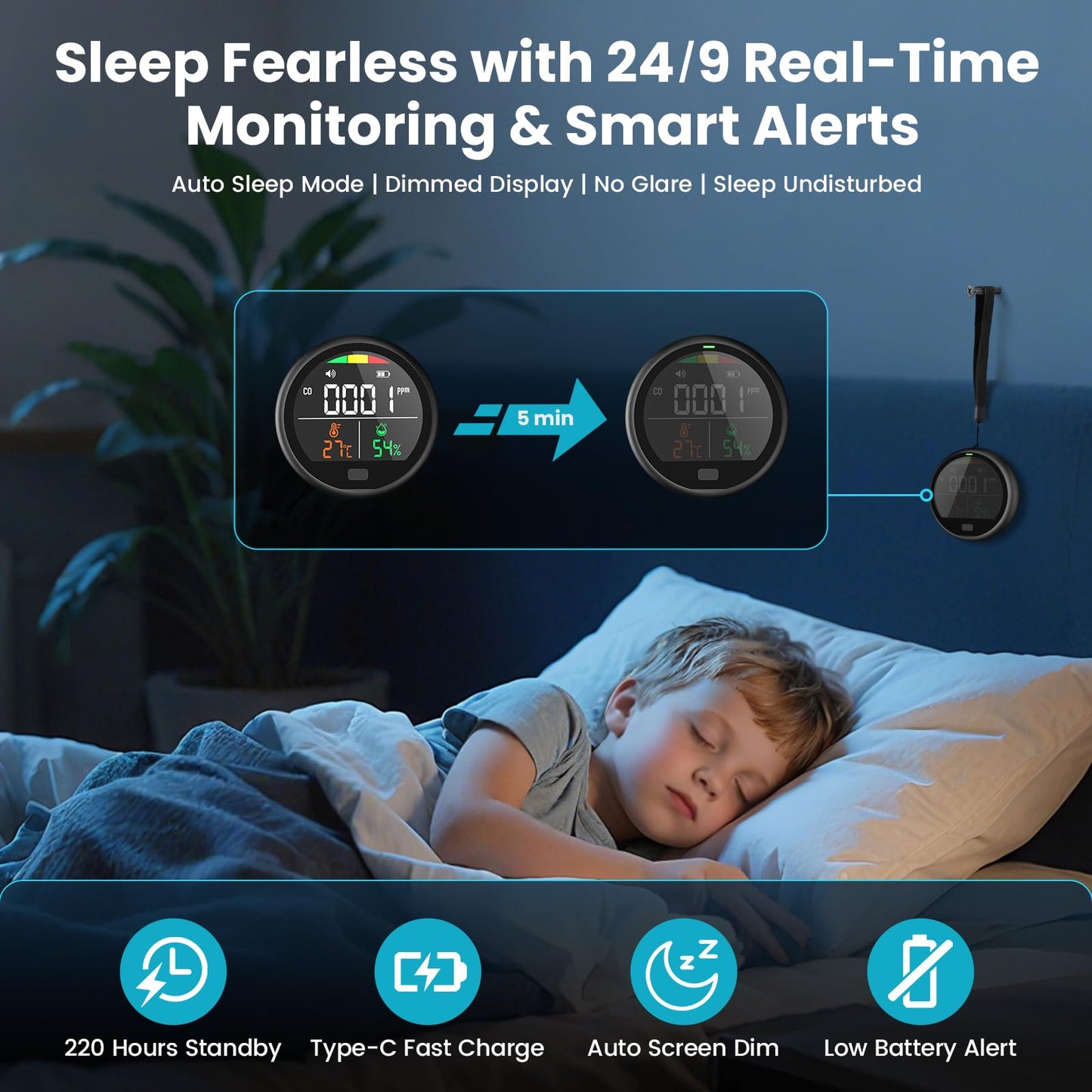 Portable Carbon Monoxide Detector for Travel - 3-in-1 Rechargeable CO Monitor with Temp & Humidity Sensor, Loud Audible & Visual Alarm, 220H Standby CO Detector for Hotel, Camping, Car, RV & Home