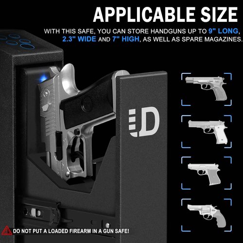 Urban Deco Biometric Gun Safe for Handgun with Quick Access Sliding Door Pistol Safes Mounted Nightstand, Desk, Wall, Vehicle, Bedside, Car Gun Safe Box with Fingerprint, PIN Code, KEY Access