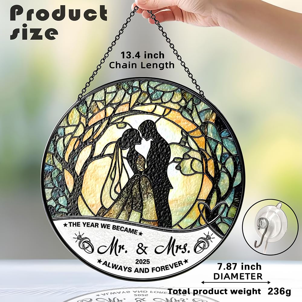 Stained Glass Suncatcher - Mr & Mrs 2025 Wedding Keepsake, Wedding Anniversary Keepsake, Bridal Shower Gift for Newlyweds,Suncatchers for Windows Hanging - Bride's Home Decoration or Ceremony Souvenir