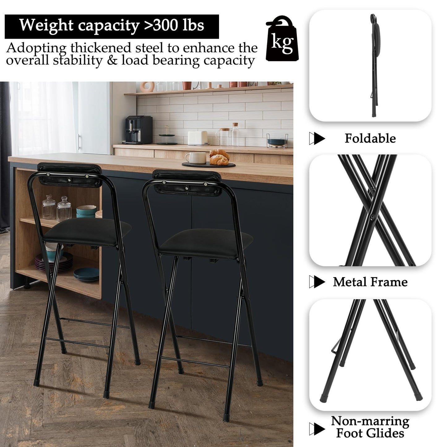 Thyle 2 Pcs Folding Bar Stool with Backrest, Tall Foldable Stool Chair Portable High Folding Bar Chair Counter Height Seat Leather Padded for Kitchen Island Shop Cafe Dining Room Black (27.5 Inch)