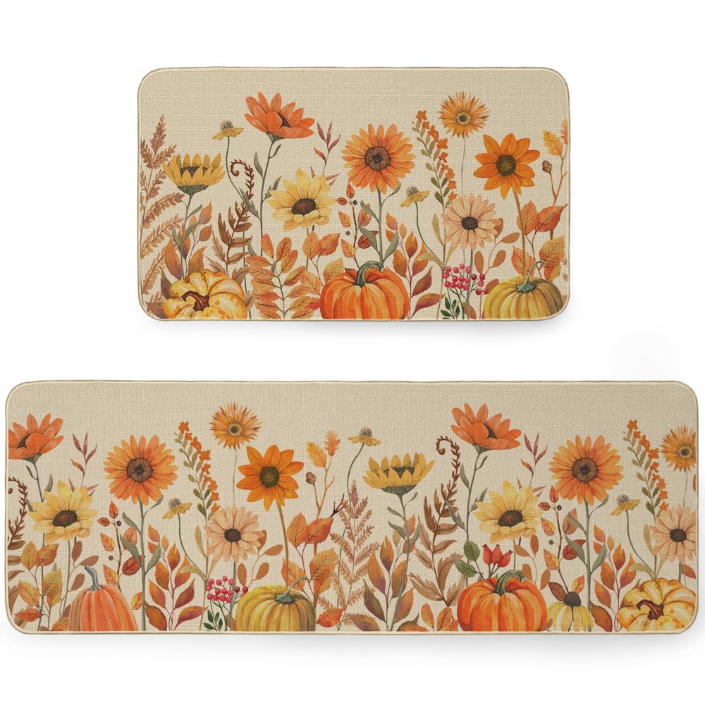 ARKENY Pumpkin Sunflower Fall Kitchen Mats Set of 2, Autumn Kitchen Mats for Floor,Thanksgiving Non Skid Washable Kitchen Rugs and Mat - 17x29 and 17x47 Inch-AKM078