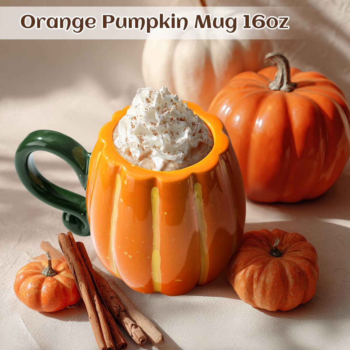 RimCereal 2 Pcs Fall Pumpkin Cup Ceramic Coffee Mugs 16 oz Thanksgiving Funny Tea Mug Autumn Halloween Birthday Gifts Decoration Food Theme for Family or Friend(Orange)