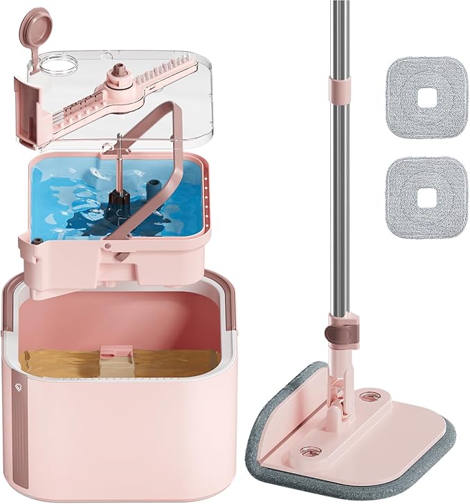 Upgraded Self-Standing Spin Mop and Bucket System, Detachable Inner Mop Bucket Separates Dirty Water & 90° Foldable Head, Triple-Scrub System, 0.9Gal Dual Drainage, for Hardwood Floors (Pink 2 Pads)