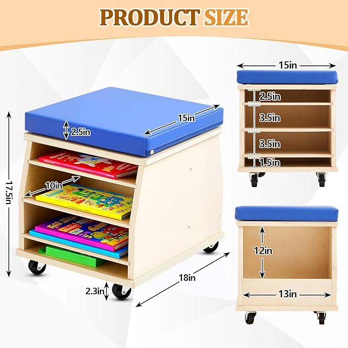 Geelin Mobile Teacher Stool with Storage Tools Natural Birch Wood Teacher Chair with Comfortable Foam Seat and 4 Locking Casters for School Supplies Books Daycare Preschool Classroom