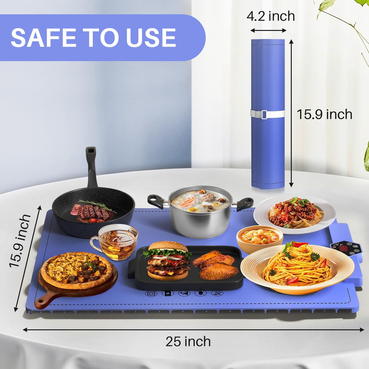 CJC Warming Mat for Food-Electric Warming Tray and Full Surface Heating,5 Temp Settings,4H Timer,Rollable Portable,24H Heating by Appointment,with 2M Cable,for Parties Gatherings Daily Use（Blue）