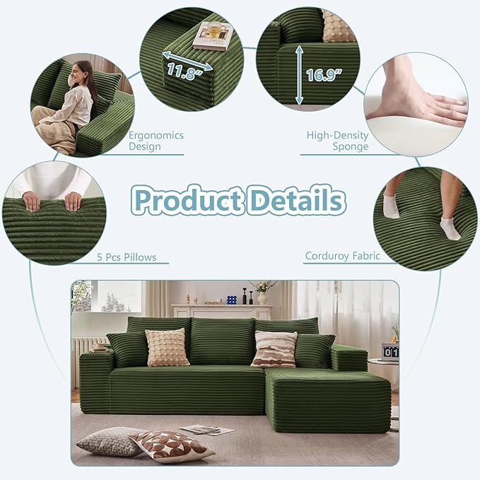 107" W Cloud Sectional Couch with L-Shape Chaise, Modern Corduroy Boneless Couch for Living Room,Memory Foam Sofa with Deep Seat,No Assembly Required (Green,Right-Facing Chaise)