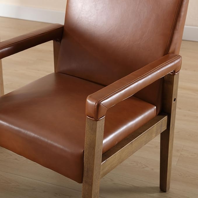 DM Furniture Mid Century Modern Dining Chairs Set of 4 Faux Leather Upholstered Accent Chairs Comfy Kitchen Chairs with Solid Wood Frame Armchair for Living Room, Brown