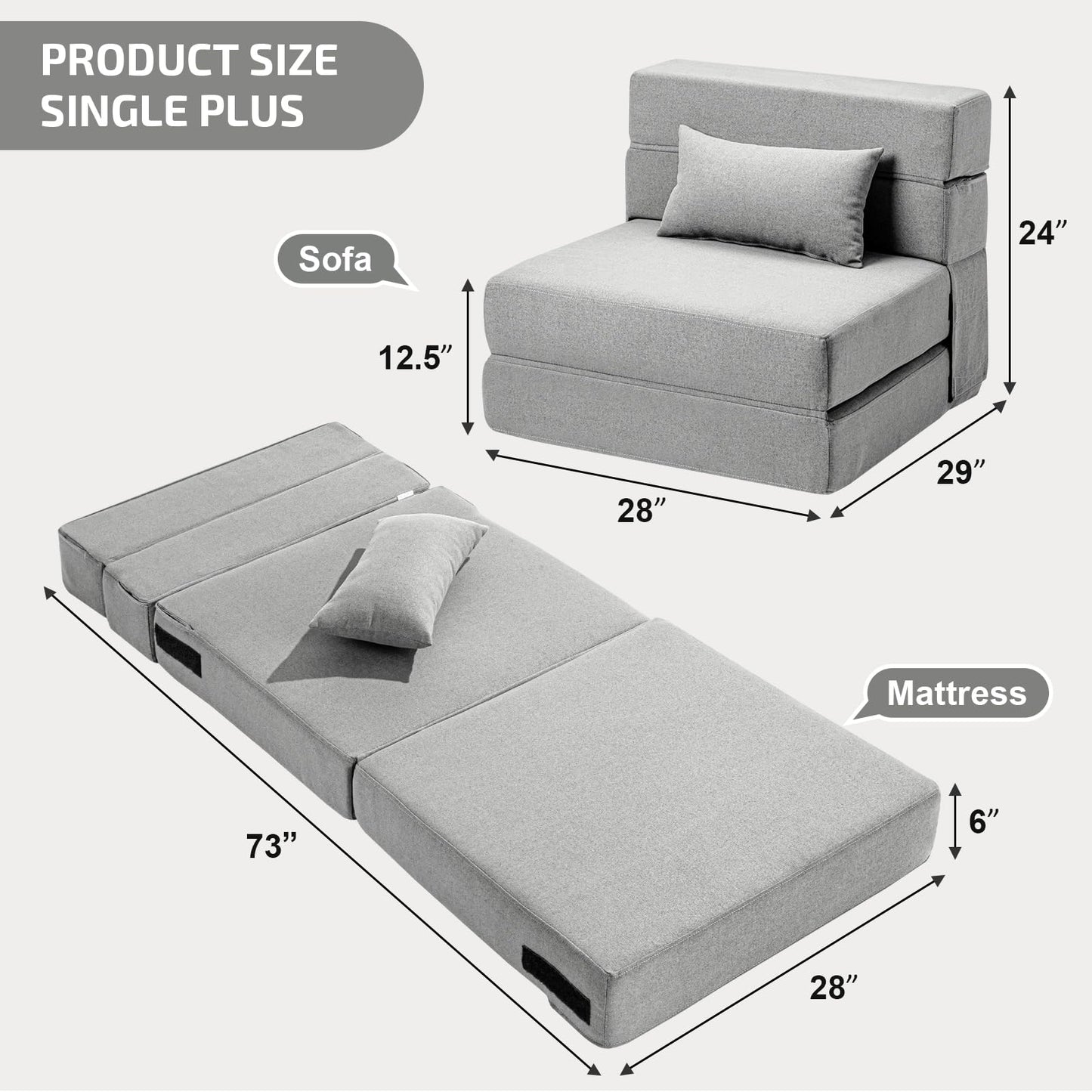 SUYOLS Folding Sofa Bed with Pillow- Convertible Chair Floor Couch & Sleeping Mattress, Foldable Memory Foam Sleeper for Living Room/Dorm/Guest Room/Home Office/Apartment/Loft, Single28, Light Gray