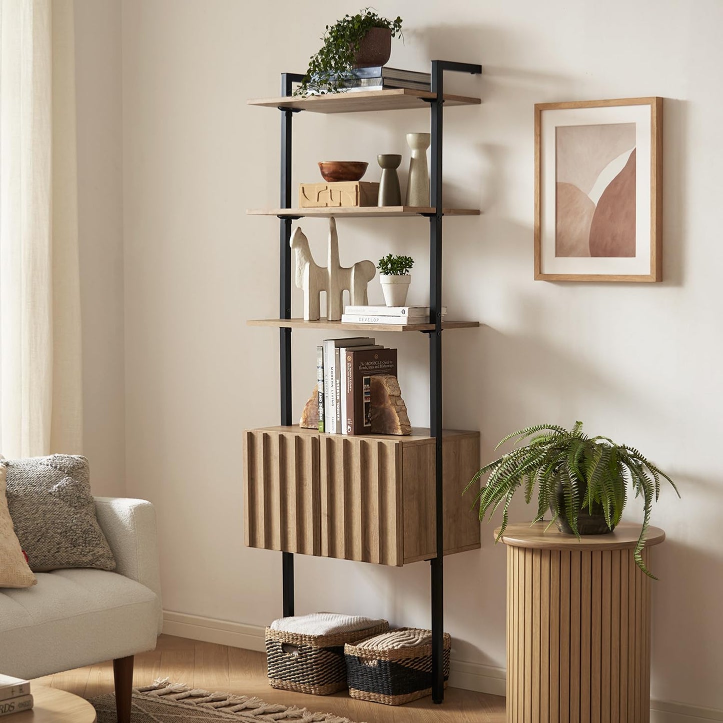 mopio Norwin Ladder Book Shelf, Wall Bookshelf, Farmhouse Industrial Bookcase, Narrow Slim Organizer Display Shelves, Living Room, Bedroom (3 Tier Cabinet, Single)