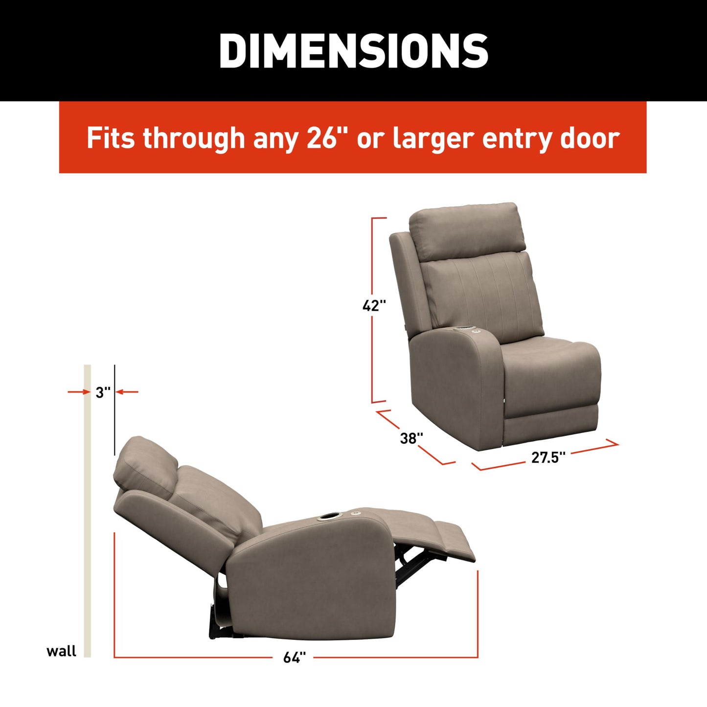 THOMAS PAYNE Signature Seismic Series Driftwood RV Theater Seating Right Arm Recliner with Power Adjustable Lumbar, Headrest, Reclining, Heating, Massage, Integrated Cupholder Controls - 2024044196