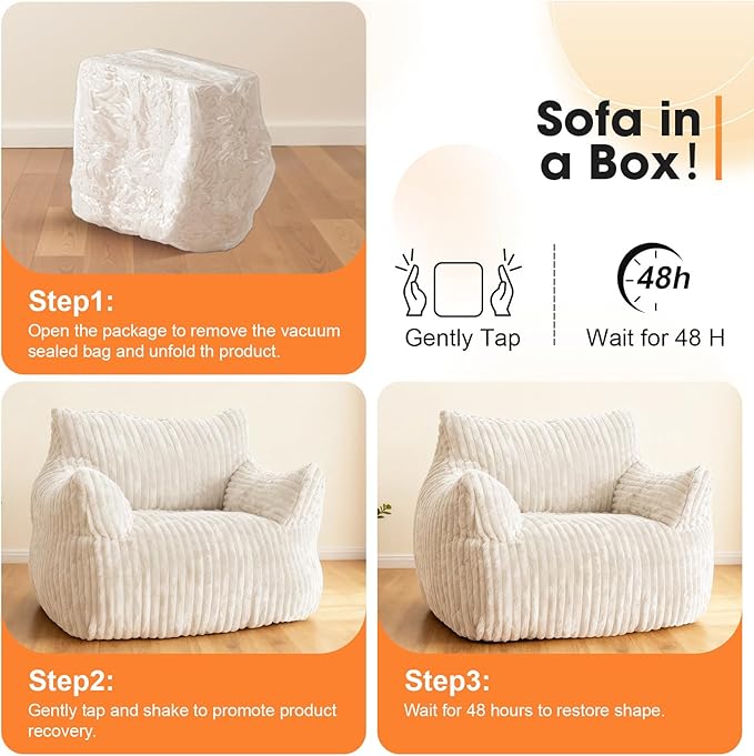 Giant Bean Bag Chair with Ottoman, Oversized Memory Foam Bean Bag Sofa for Adults and Kids, Large Comfy Fluffy Single Lounges Mini Couch for Living Room, Bedroom & Dorm(Beige)