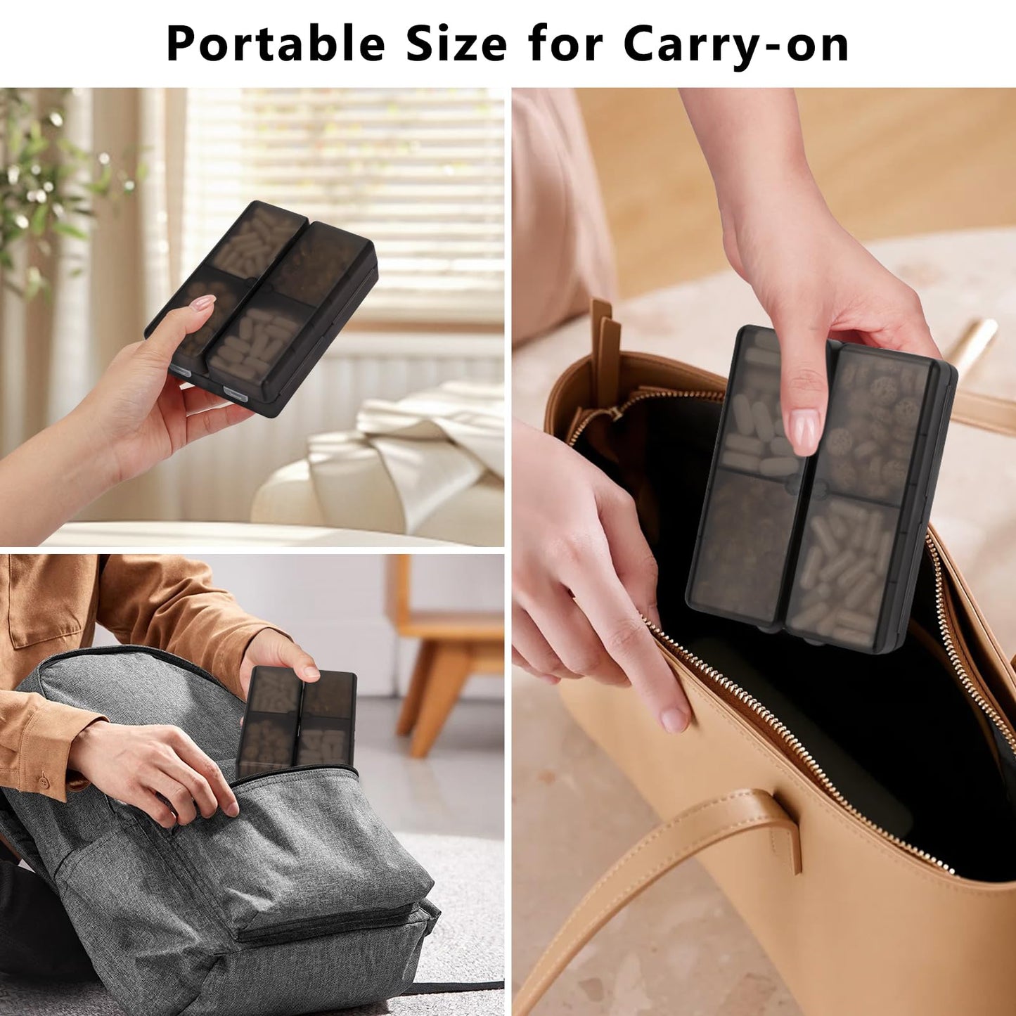 FYY 2 Pcs Daily Pill Organizer, 7 Compartments Portable Pill Case Travel Pill Organizer,[Folding Design]Pill Box for Purse Pocket to Hold Vitamins,Cod Liver Oil,Supplements and Medication-Clear Black