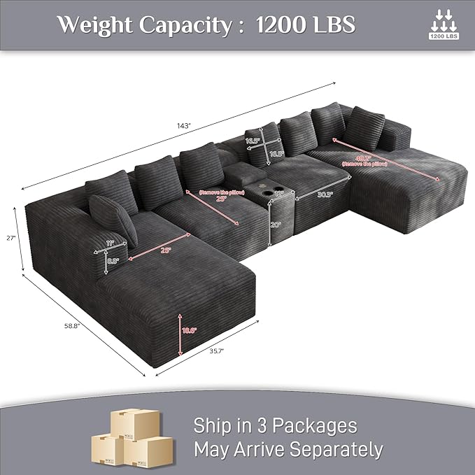 Modular Sectional Sofa with USB Cup Holders Storage, 143" U Shaped Cloud Couch Plush Corduroy Deep Seat Boneless Sofas with Double Chaise Lounge Memory Foam Couches for Living Room - Dark Grey