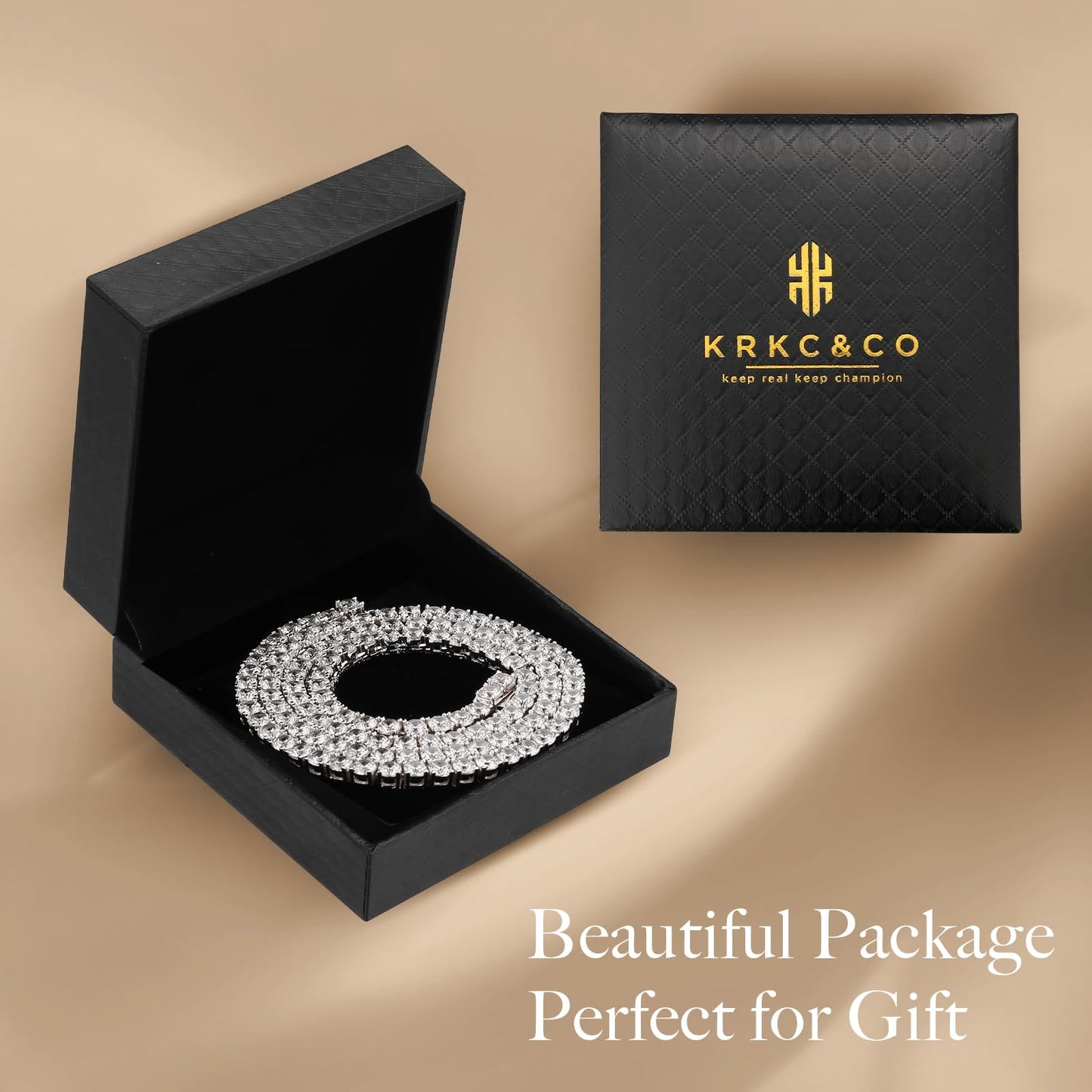 KRKC&CO Tennis Necklace Chain for Men, Luxury Anniversary Birthday Gift for Him, White Iced Out Prong-Setting 5A Cubic Zirconia Stones Hip Hop Rappers Jewelrys, 3mm 18in