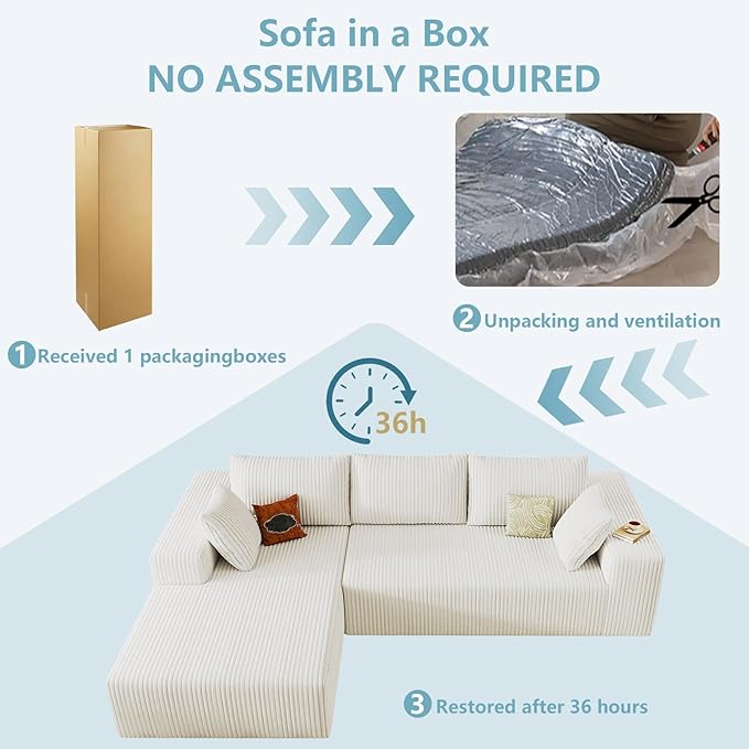 96" Cloud Sectional Couch with L-Shape Chaise, Modern Corduroy Boneless Couch for Living Room,Memory Foam Sofa with Deep Seat,No Assembly Required (White,Left-Facing Chaise)