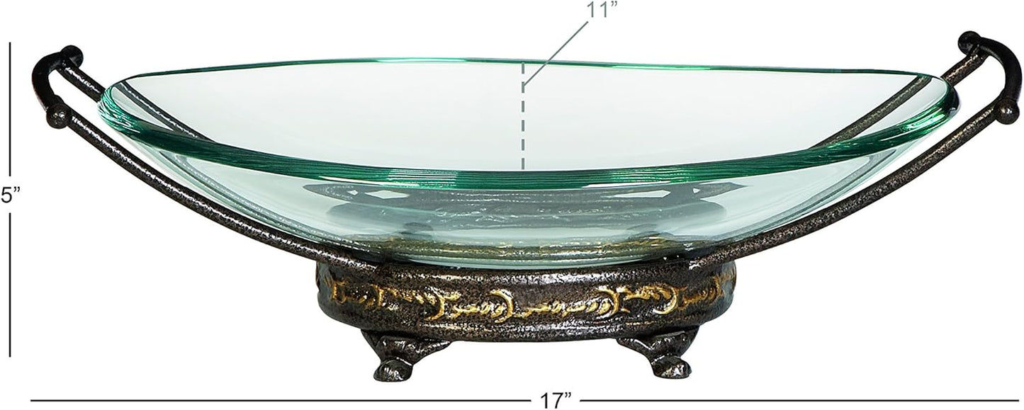 Deco 79 Tempered Glass Kitchen Serving Bowl with Brown Metal Base, 17" x 11" x 5", Clear