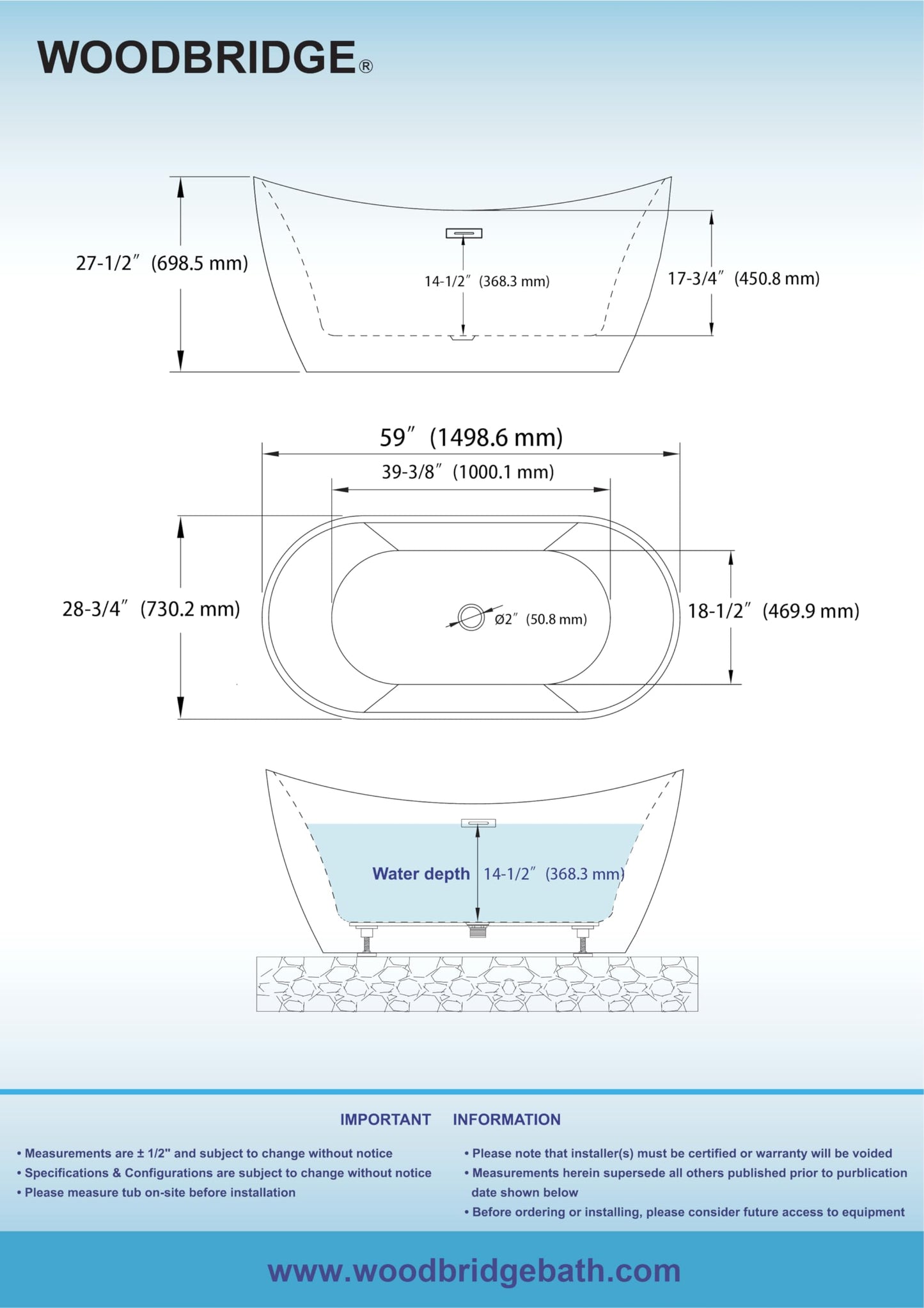 WOODBRIDGE 59" L x 28-3/4" W Freestanding Contemporary Soaking Bathtub with Matte Black Drain & Overflow, Black, B8811-MB