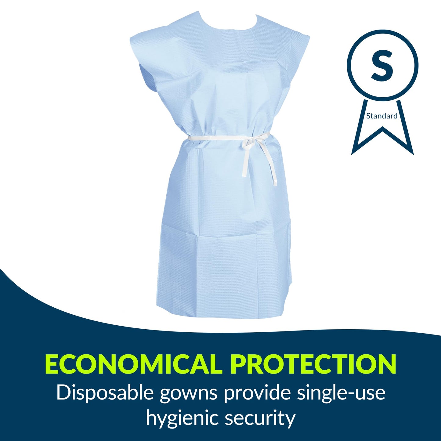 Avalon Standard Gowns, Blue (Pack of 50) ― Tissue/Poly/Tissue ― Open-Back, Waist-Tie, Short-Sleeve Medical Gowns ― Disposable Exam Gowns ― Standard Size 30” x 42” ― Latex-Free Medical Supplies (813)