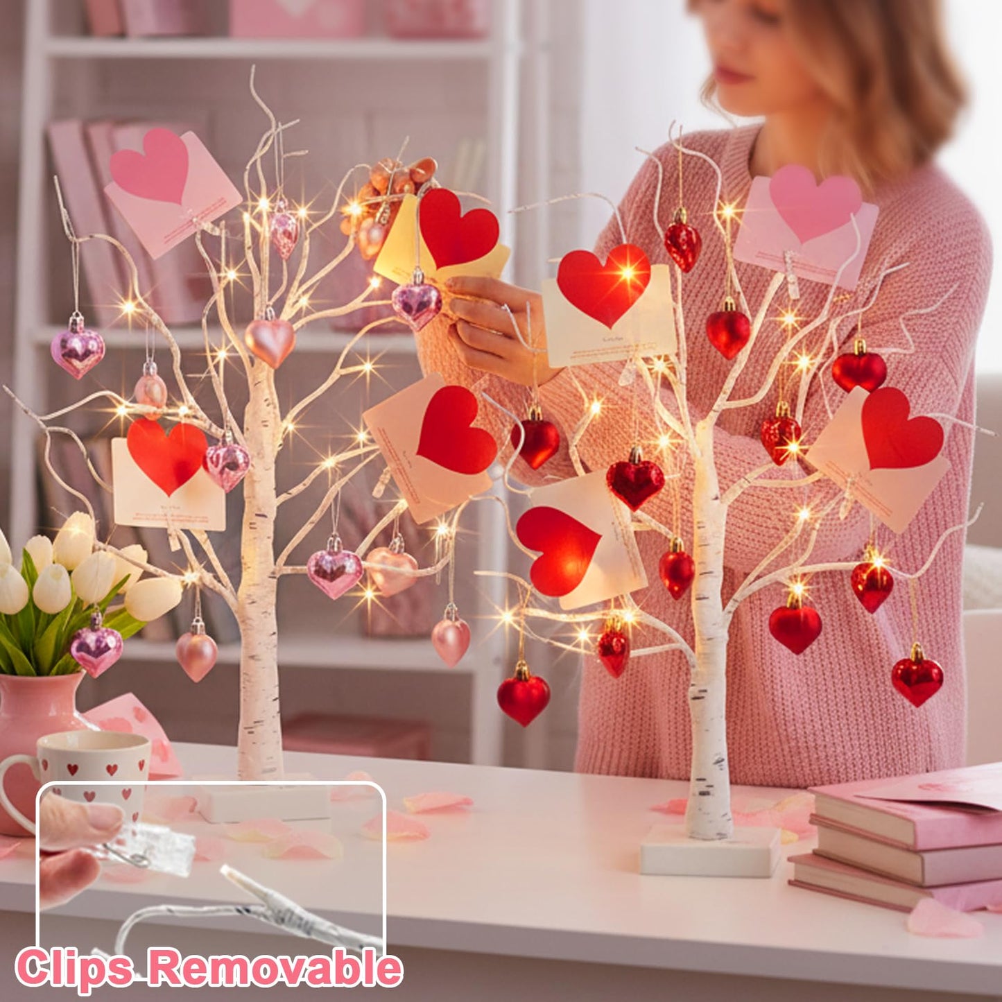 PEIDUO Valentine's Day Decorations, Set of 2 Gift Card Tree with 24 Hanging Heart Ornaments, for Home Indoor Bedroom Anniversary Wedding Party Decor, 6H/18H Timer