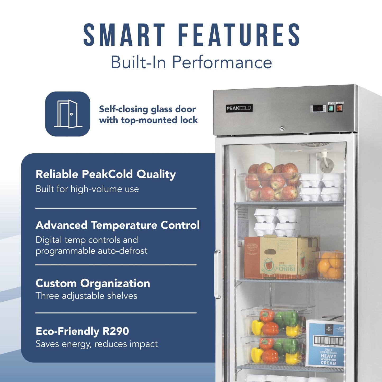 PEAKCOLD Single Glass Door Commercial Refrigerator - 23 Cubic Ft, 29" Wide Stainless Steel Reach-In Commercial Refrigerator with White Internal Lighting - Freestanding Industrial Fridge
