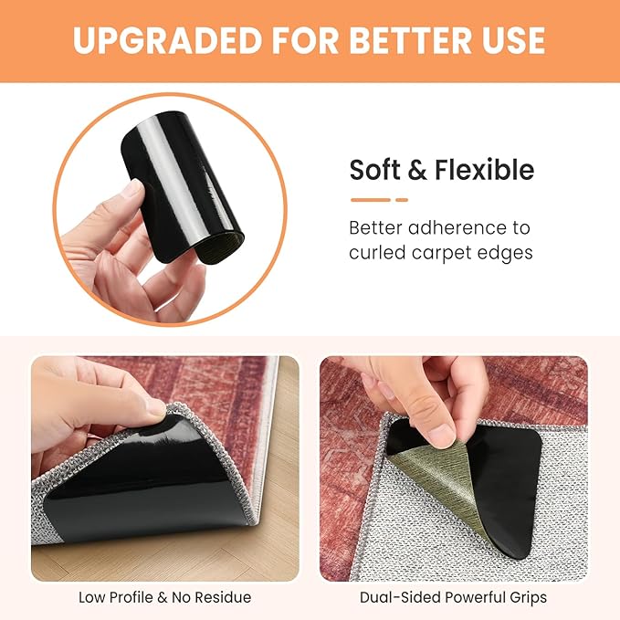 BAGAIL Rug Grippers 16 Pcs, Non-Slip Rug Corner Grips for Hardwood Floors & Tile, 4x4in Reusable Double-Sided Adhesive Carpet Tape to Prevent Sliding & Tripping Hazards for Pets, Kids, Family
