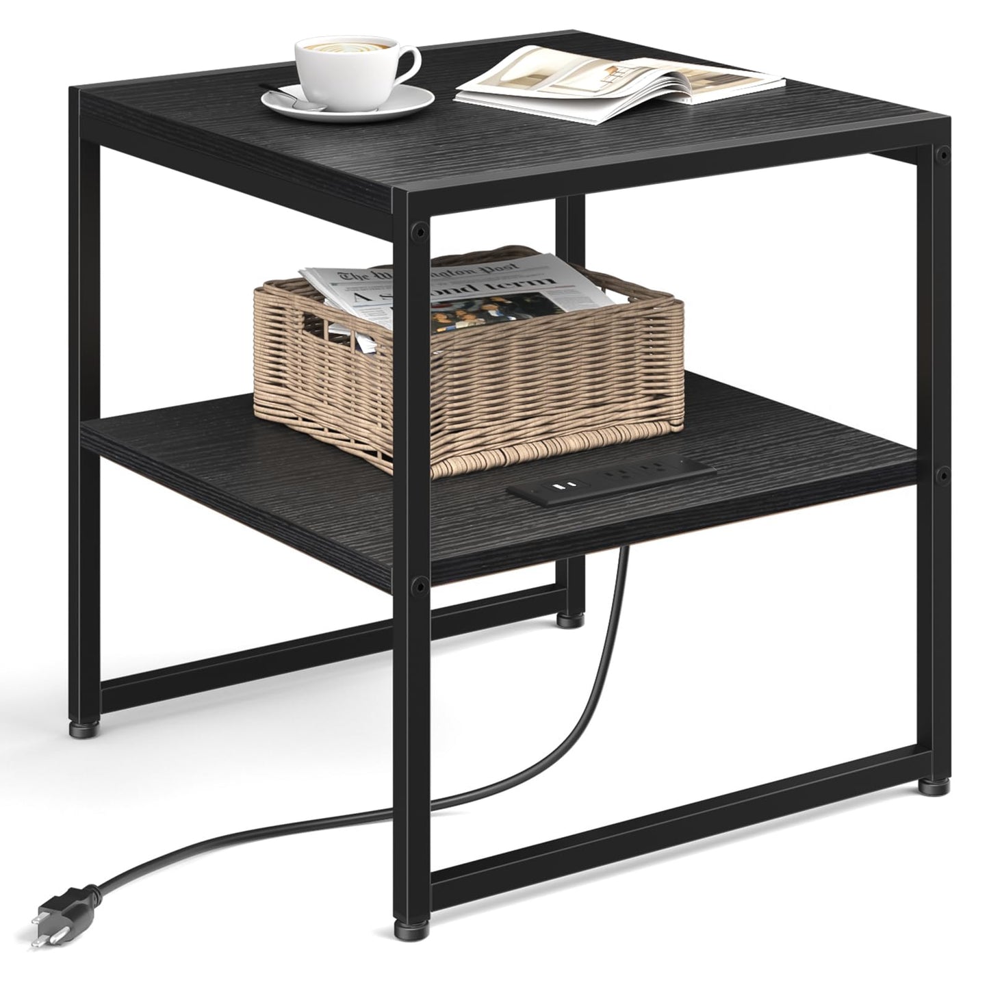 Tatub 20" End Table with Charging Station, Industrial Square Side Table with USB Ports & Outlets, Versatile 2-Tier Small Nightstand for Bedroom Living Room, Black