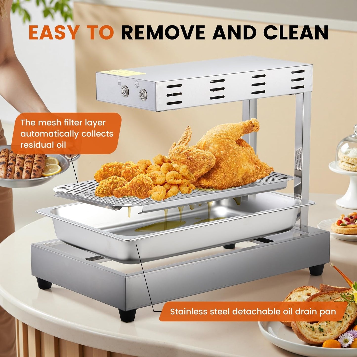 Dyna-Living French Fry Warmer, 500W French Fry Food Warmer Commercial Stainless Steel Electric Commercial Food Heat Lamp Free-Standing Countertop Warming Fried Dump Station for Food Truck Restaurant