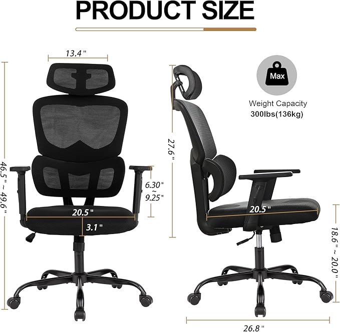 BOWTHY Ergonomic Office Chair,Home Mesh Office Desk Chairs,High Back Office Chair 330 LBS,Swivel Computer Task Chair with 2D Armrest,Lumbar Support,Adjustable Headrest,Rocking Function (Black)