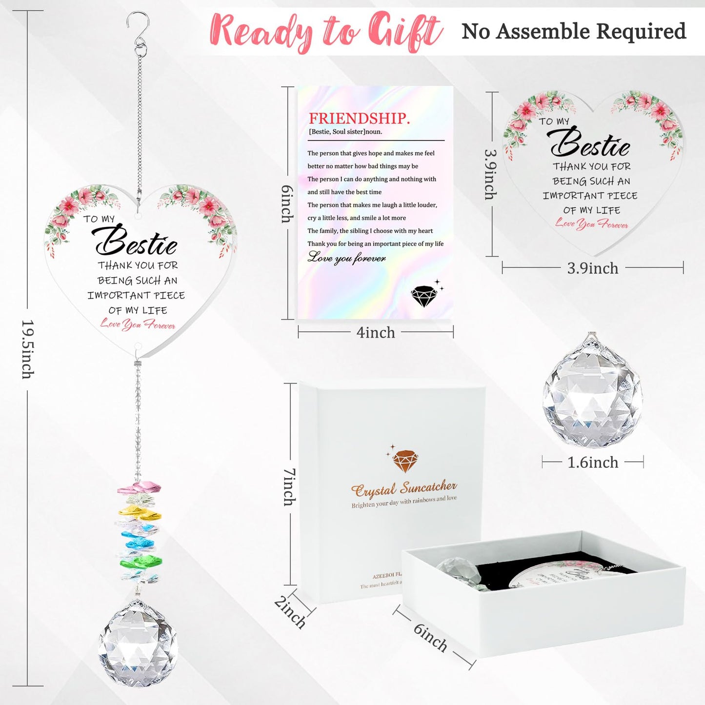 AZEEBOI Best Friend Birthday Gifts for Women, Bestie Gifts for Female Friend BFF Soul Sisters Work Bestie, Christmas Friendship Thank You Gifts, Sun Catcher with Crystals for Indoor Window Hanging