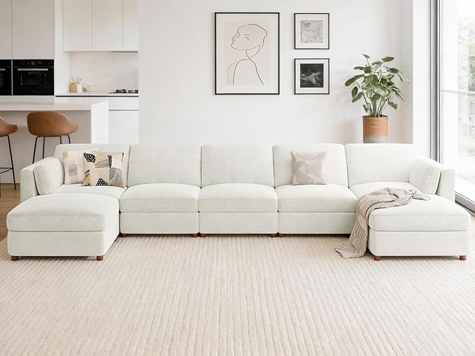 CUGOAO 188.7'' Modular Sectional Sofa, Oversized U-Shaped Sectional Couch with Ottoman, Deep Seat Chenille Cloud Couch, Mordern Upholstered Couches for Living Room, Apartment, Office, Beige