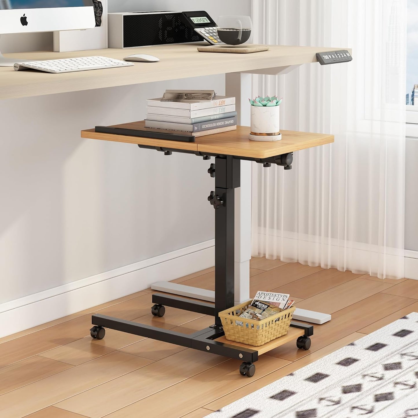 Laptop Desk Stand for Bed Portable Desk Overbed Bedside Mobile Laptop Table Rolling Foldable Table Adjustable Height with Locked Wheels & Mouse Pad for Office Sofa