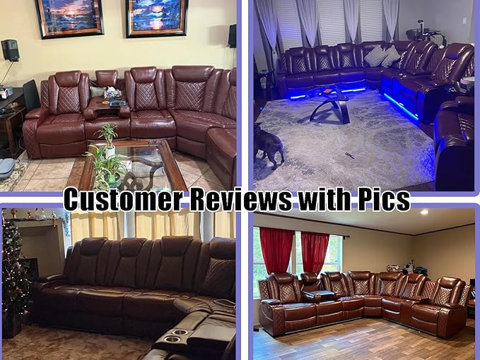 Dekmxas Power Sectional Reclining Sofa Set, Brown Breathing Leather Power Recliner Sofa Set with LED Light, Living Room Furniture with 3 Recliner Seats/Cup Holder/Storage Console for Living Room