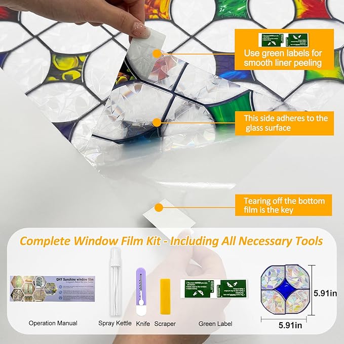QHY Sunshine Colorful Rainbow Stained Glass Window Film Non-Adhesive Window Privacy Film Reusable Decorative for Room (Rainbow Mosaic, 17.5 X 157.4 in)
