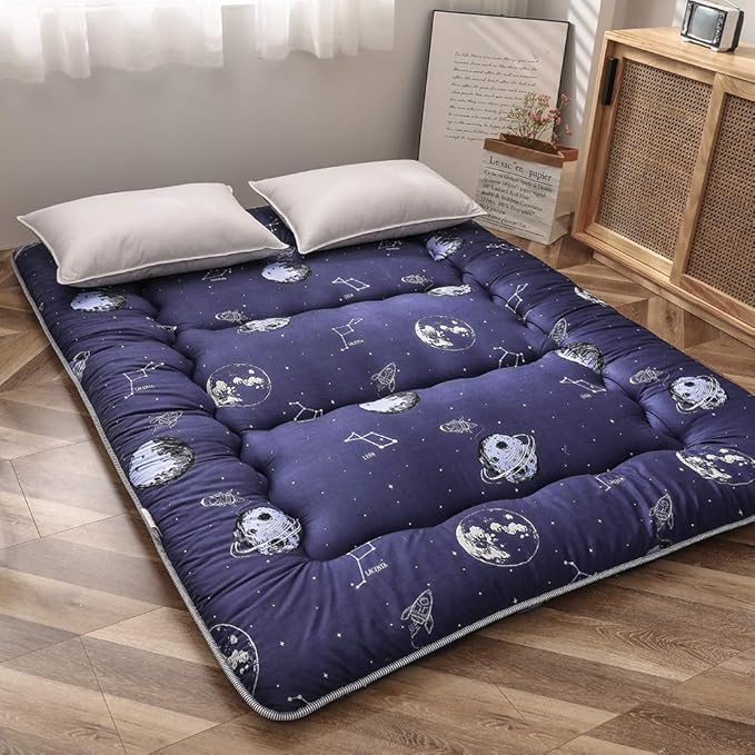 Navy Space Adventure Japanese Floor Futon Mattress, Thicken Tatami Mat Sleeping Pad Foldable Bed Roll Up Mattress Floor Lounger Bed Couches and Sofas for Kids Full Size