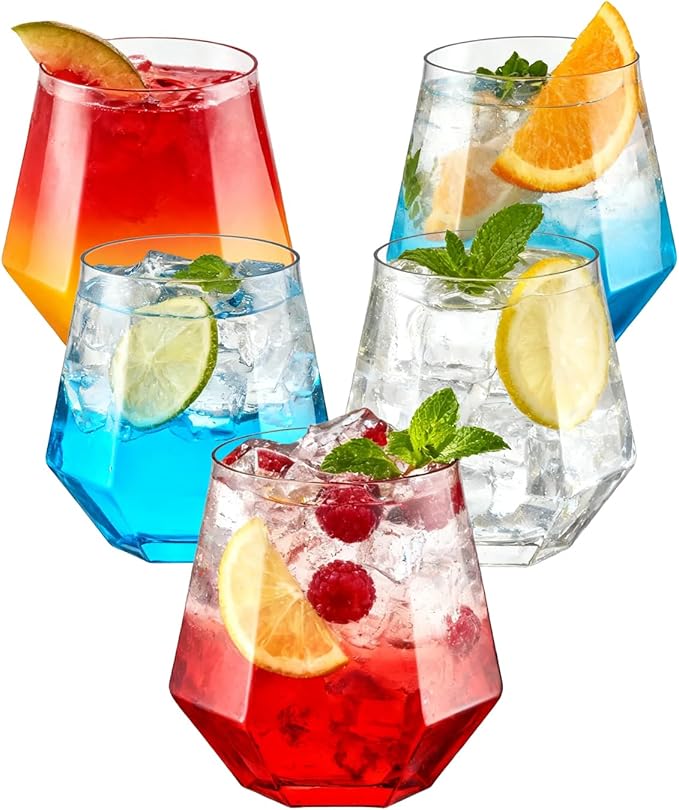 BESTSTAR 40 PCS Clear 12 Oz Plastic Wine Whiskey Glasses, Diamond Stemless Unbreakable Disposable Wine Glasses for Partie...