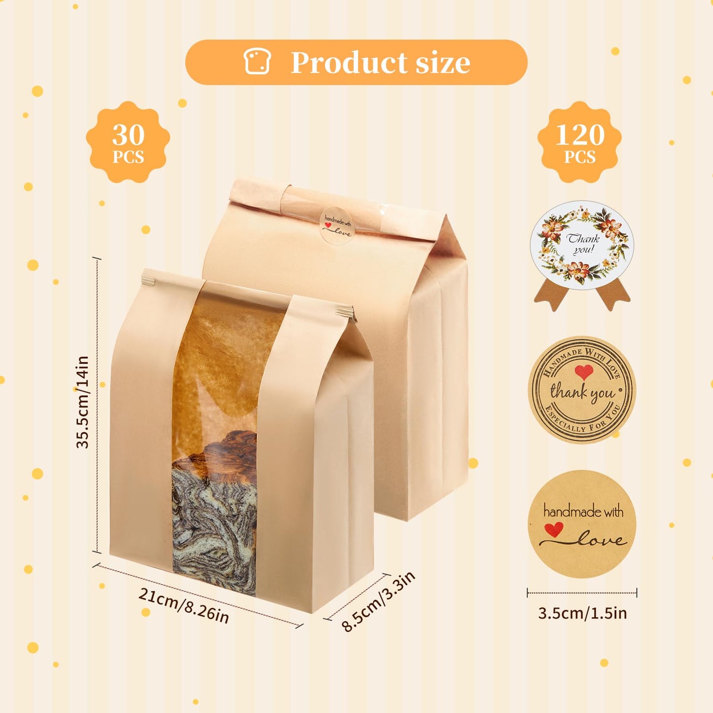 30 Pack Kraft Paper Bread Loaf Bags with Tin Tie Tab Lock, for Homemade Bread Loaf Bags 14" x 8.3" x 3.5", Sourdough Bread Bags with Clear Front Window for Baked Food Storage (30 Pack)