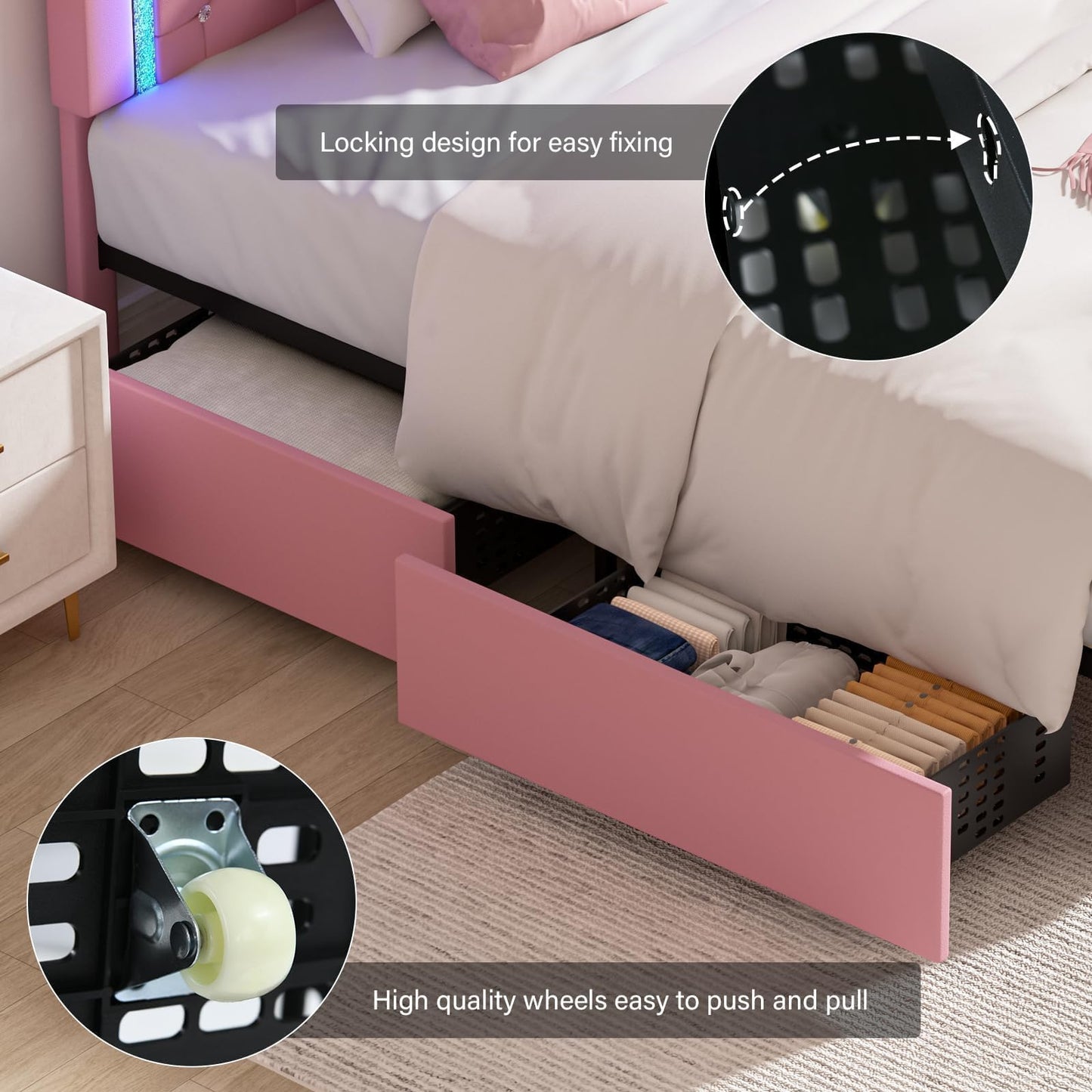 Twin Bed Frames with LED Lights and Storage Drawers, Upholstered Platform Bed with Diamond Headboard, Faux Leather Princess Platform Bed, No Box Spring Needed, Easy Assembly, Pink
