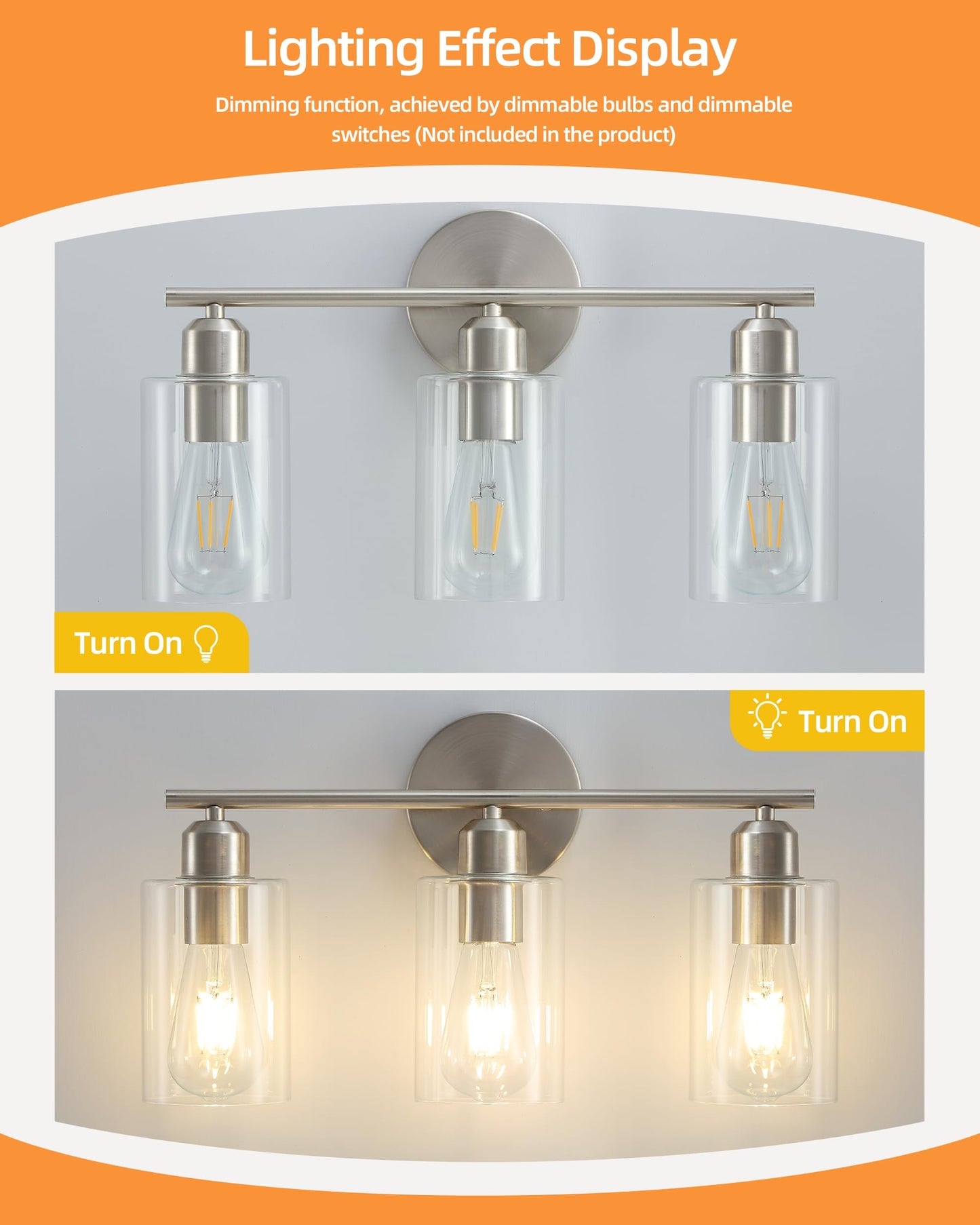 Brushed Nickel Vanity Lights - 3-Light Modern Bathroom Lighting Fixtures with Clear Glass Shade - Wall Sconce for Hallway - 2Pack