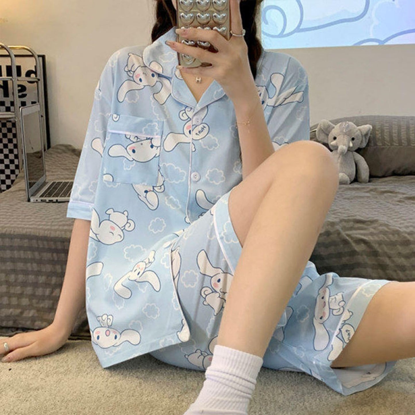 TradWloth Cute Women's Pajama Sets, Cartoon Print Sleepwear Short Sleeve Shirt and Casual Short - 2 Piece Blue