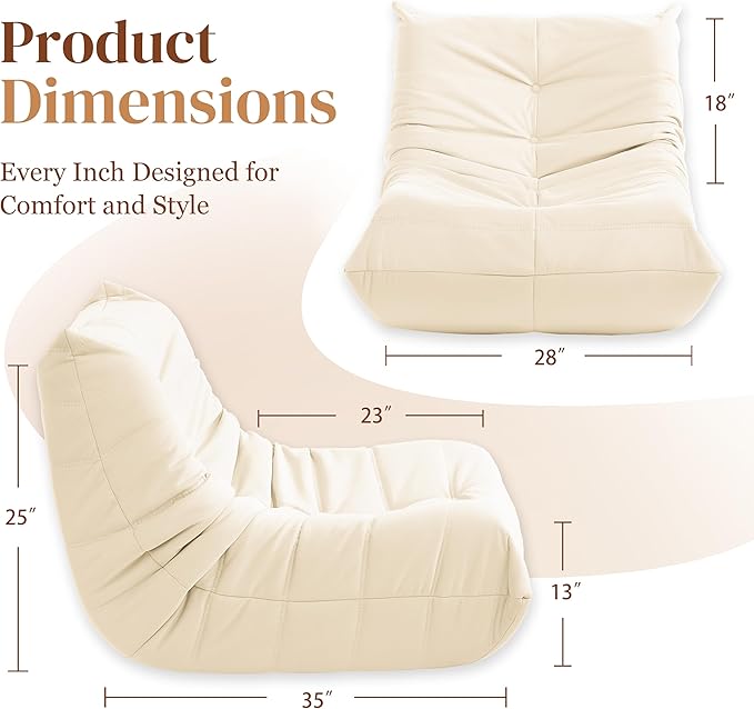 Bean Bag Chair, Fireside Chair Bean Bag Sofa for Adults, Bean Bag Chairs for Teens with High-Resilience Foam, Memory Foam & Non-Slip Base Bean Bag for Living Room, Bedroom, Office (Suede,White)