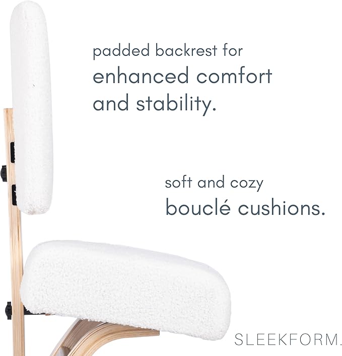 Sleekform East Austin Ergonomic Kneeling Chair with Back Support - Boucle and Wood Ergo Stool for Desk - Best Ergonomic Kneeling Office Chair for Posture and Leg Circulation
