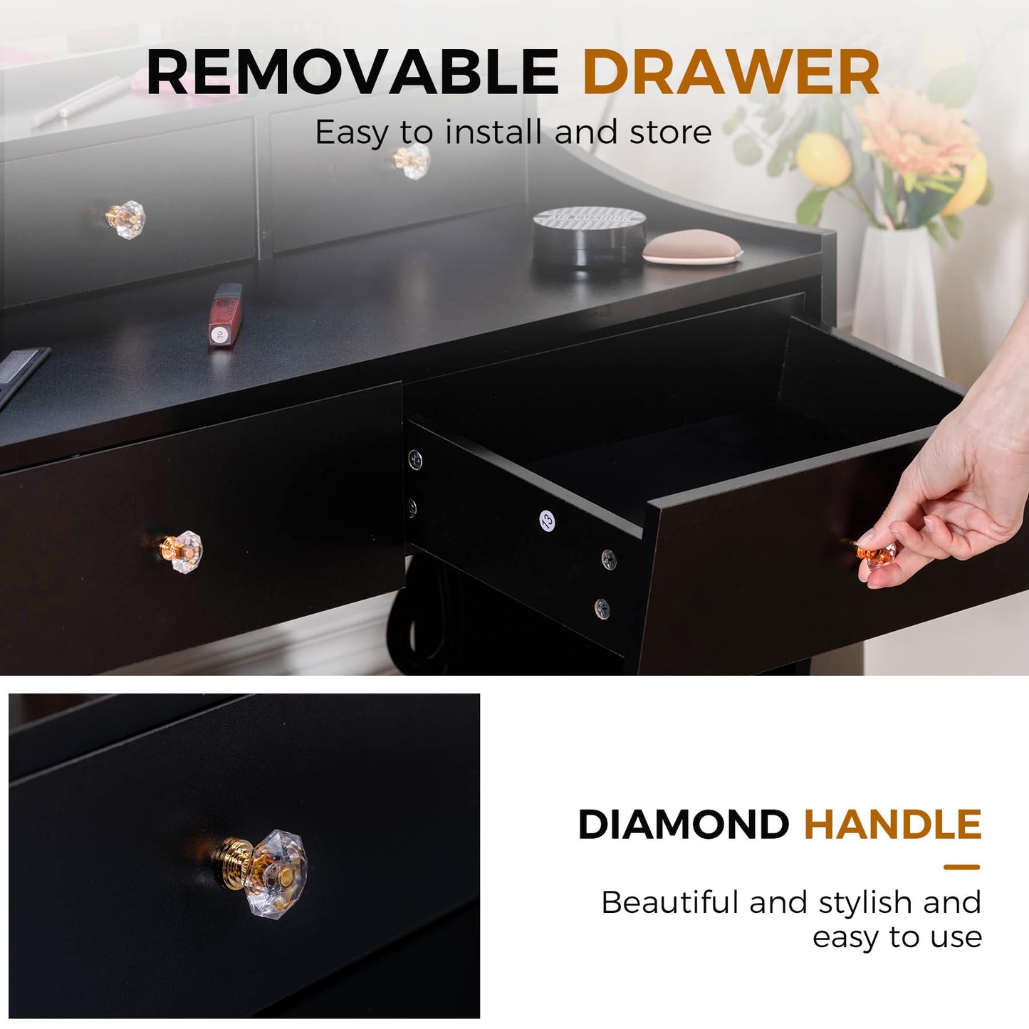 COMHOMA Makeup Vanity Desk with Mirror and Lights, Vanity Table and Chair Set with 4 Drawers and Charging Station, Bedroom Dresser LED Mirror Stepless Dimmable & 3 Color Modes Adjustable, Black