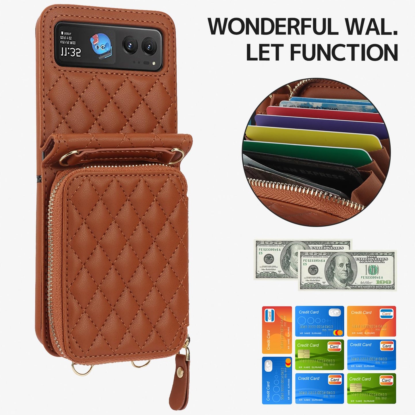 Ninki Compatible With Moto Razr 2023 Ultra Case With Card Holder, Anti-Fall Crossbody Strap Shockproof Leather Phone Cover Moto