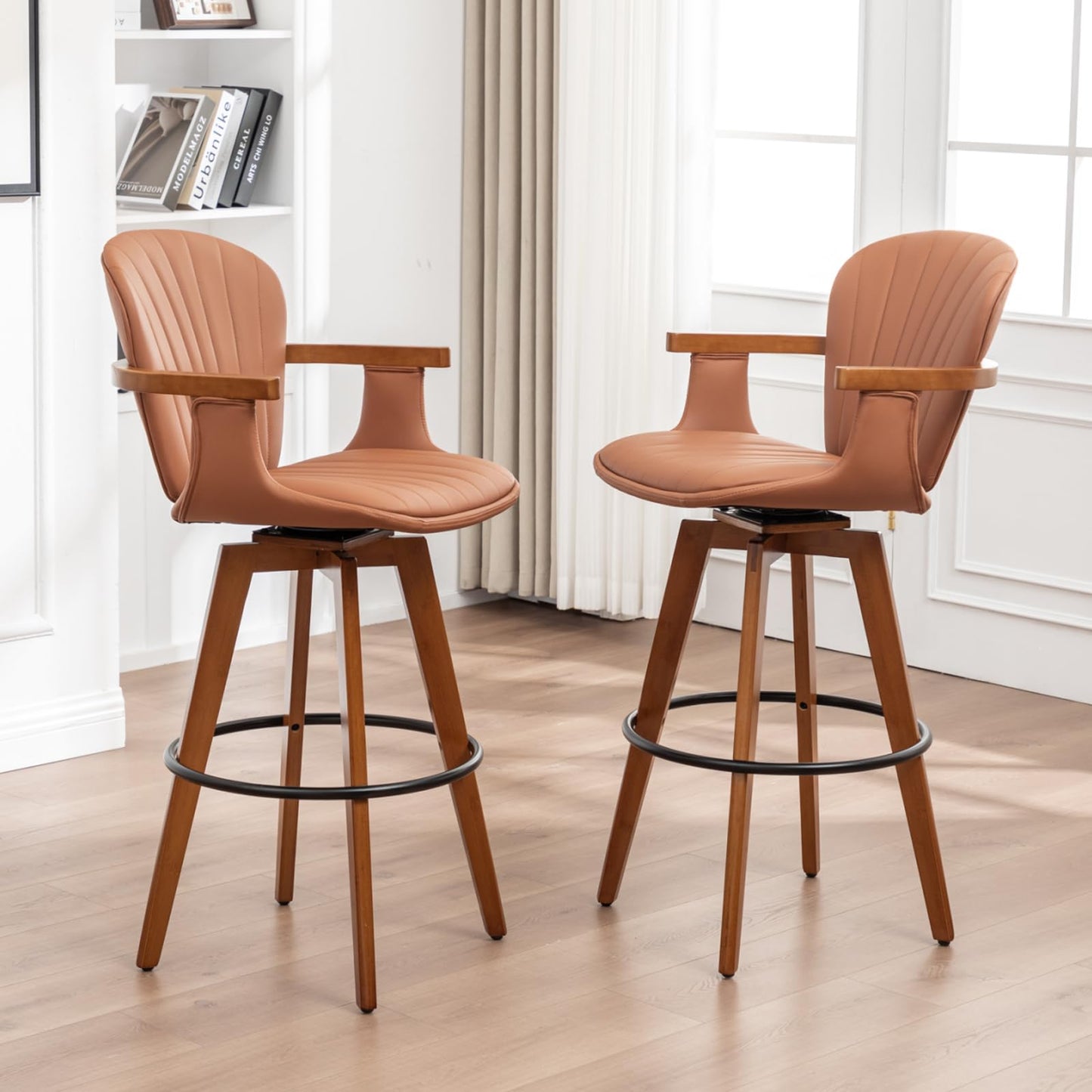 LUNLING 30” Bar Height Stools,Mid Century Modern Bar Stool,Orange PU Leather Kitchen Island Stools,Wood High Barstools Swivel with Back and Arms for Home Bar Furniture,1PCS