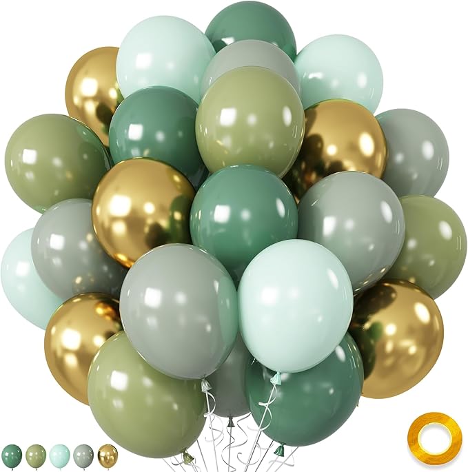 Sage Green and Gold Balloons, Pastel Sage Gold Party Balloons, Eucalyptus Olive Mint Green Biodegradable Balloon for Baby ...