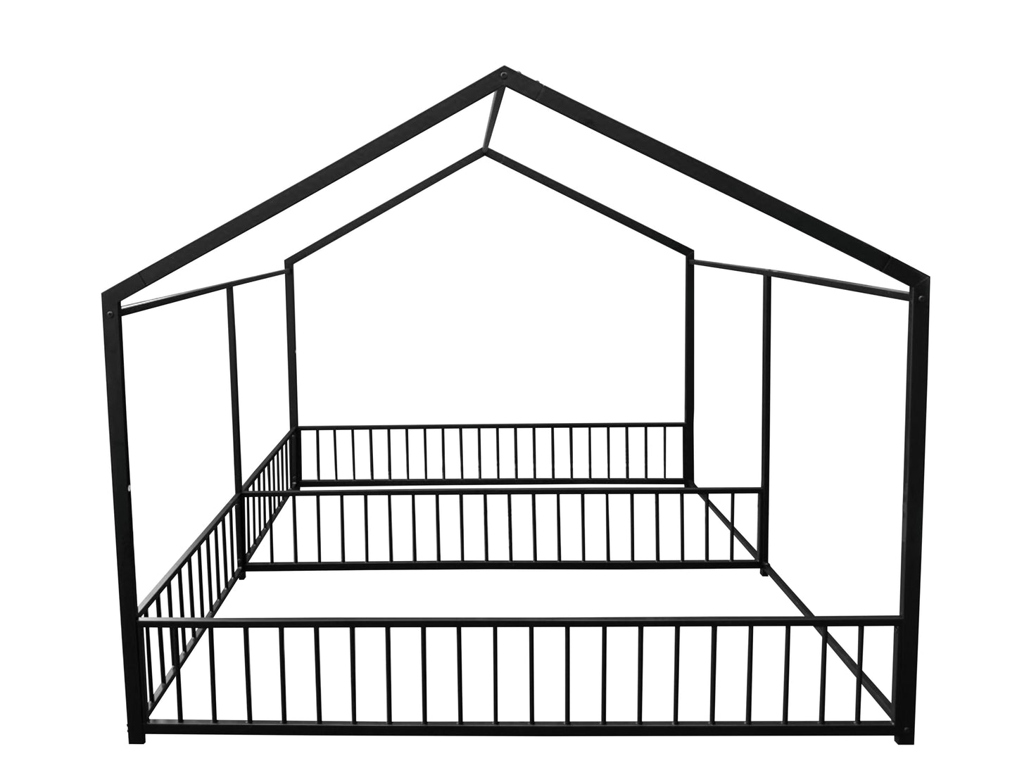PVWIIK Double Montessori Floor Bed with Fence & Roof for Two Kids Teens Boys Girls,Twin Floor Bed,Easy Assemble,No Box Spring Needed, Black