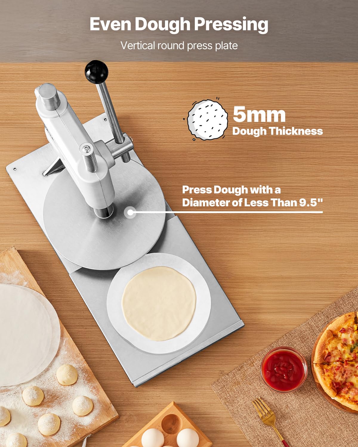 VEVOR Manual Pizza Dough Press Machine, 9.5 inch Pizza Pastry Press Plate, Stainless Steel Bread Presser, Commercial Chapati Sheet Crust Maker, Forming Machine with Handle and 100 Pcs Parchment Paper