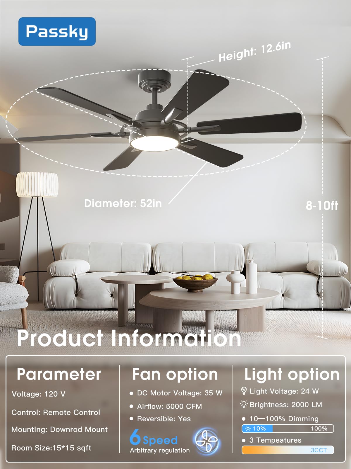 Passky Ceiling Fans With Lights, 52 Inch Black Ceiling Fan With Light And Remote Control, Reversible, Dimmable, 3Cct, Quiet, Cei